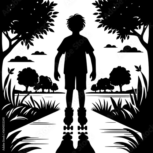 Black and White Vector Silhouette of a Boy Skating in the Park