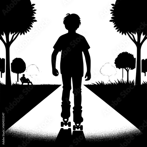 Black and White Vector Silhouette of a Boy Skating in the Park