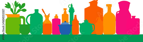 A lively parade of colorful bottles vases teapots and containers showcased on a bright green shelf against white