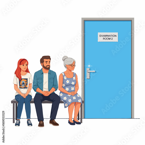 A group of patients waiting in line in front of a doctor’s examination room for routine health checkups and follow-up medical consultations. Suitable for posters, book covers, or online articles about