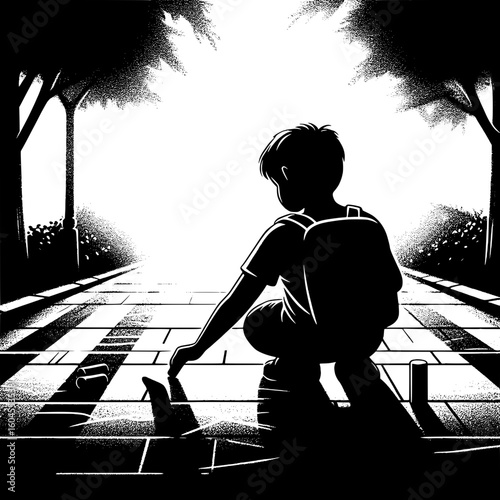 Black and White Vector Silhouette of a Boy Drawing on Pavement with Chalk