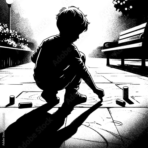 Black and White Vector Silhouette of a Boy Drawing on Pavement with Chalk