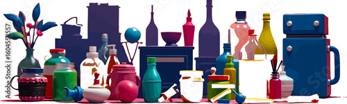 Vibrant assortment of plastic bottles jars and containers in various shapes and colors arranged on a white background
