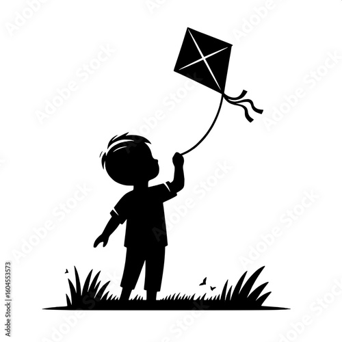 Black and White Vector Silhouette of a Boy Flying a Kite in the Park