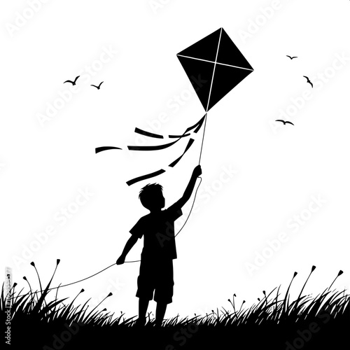 Black and White Vector Silhouette of a Boy Flying a Kite in the Park
