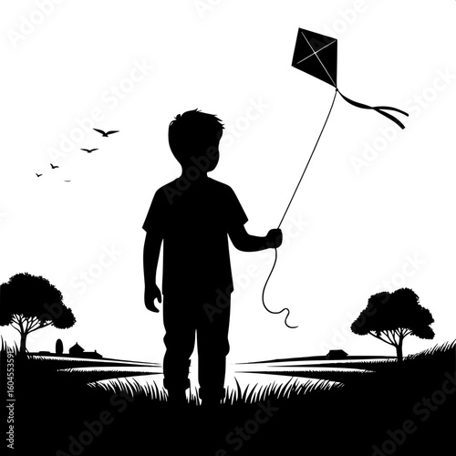 Black and White Vector Silhouette of a Boy Flying a Kite in the Park