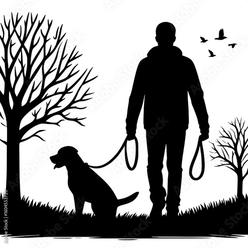 Black and White Vector Silhouette of a Man Walking a Dog on a Path