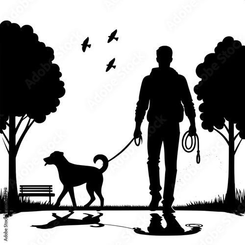 Black and White Vector Silhouette of a Man Walking a Dog on a Path