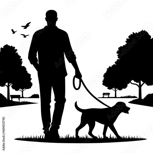 Black and White Vector Silhouette of a Man Walking a Dog on a Path