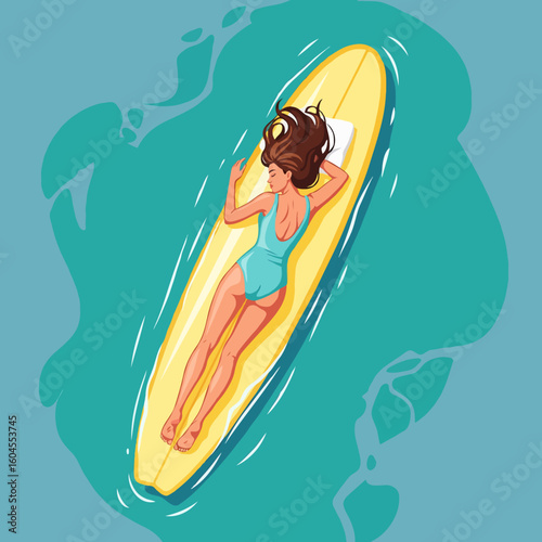 A surfer lying on a surfboard, sunbathing and relaxing while floating on the ocean under the warm sun. Perfect for posters, books, and online articles about surf culture and beach lifestyle
