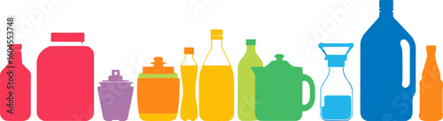 A vibrant rainbow collection of assorted bottles and containers showcasing diversity in everyday household items