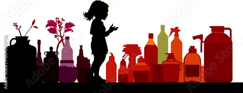 A childs silhouette contemplates a vibrant collection of colorful bottles and containers symbolizing choices and possibilities