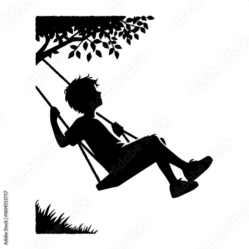 Black and White Vector Silhouette of a Boy on a Swing