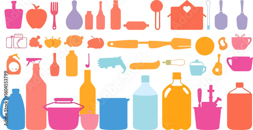 An eclectic assortment of colorful bottles jars and kitchenware representing a variety of household items and supplies