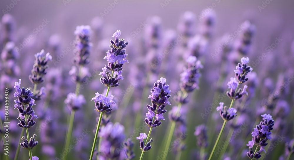 Naklejka premium Serene lavender field bathed in soft light, evoking tranquility and natural beauty