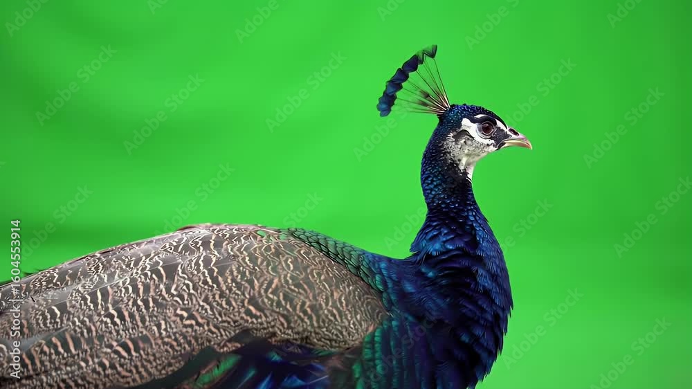 Vibrant Indian Peafowl Portrait: Majestic Peacock with Blue Plumage and Crest Against a Solid Green Screen Background, Ideal for Compositing and Wi... Vibrant Indian Peafowl Portrait: Majestic Peacock with Blue Plumage and Crest Against a Solid Green Screen Background, Ideal for Compositing and Wi...