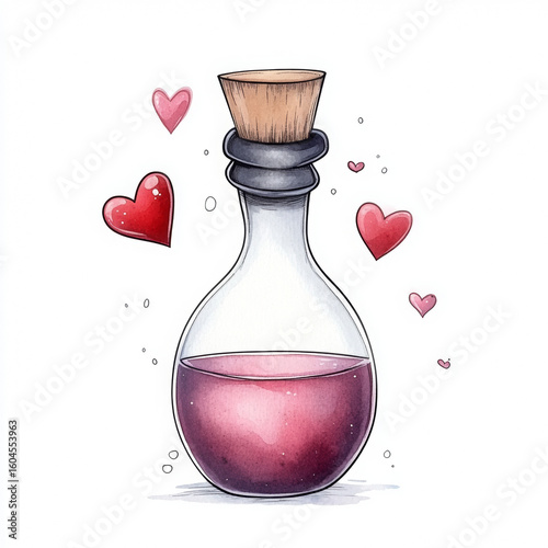 A bottle of red liquid with a cork stopper and hearts surrounding it