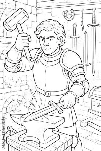 Black and white line illustration of a knight hammering a sword on an anvil inside a medieval forge. A detailed coloring book page with weapons, fireplace, and tools