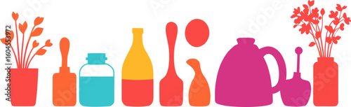 Vibrant collection of kitchenware plants and decorative objects in a playful graphic illustration style