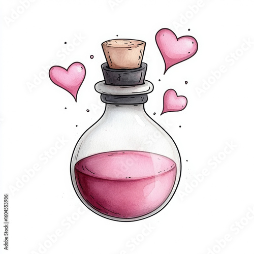 A bottle of pink liquid with a cork stopper and hearts surrounding it