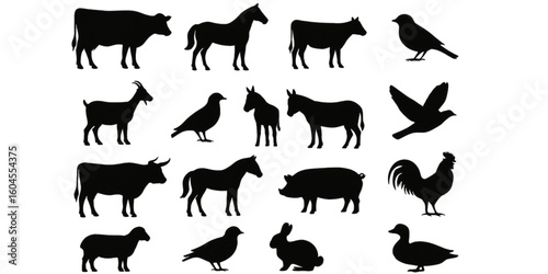 Silhouette illustration of various farm animals and birds collection on transparent background
