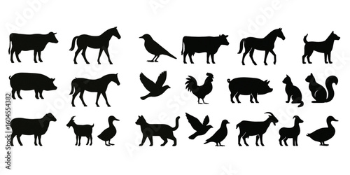 Silhouette collection of farm animals and birds in a vector format on transparent background
