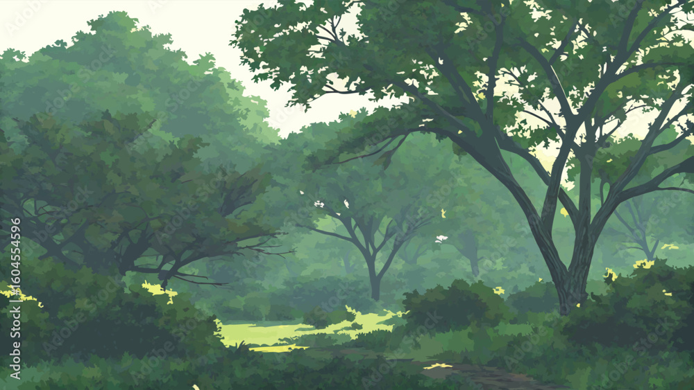 Fototapeta premium Lush Green Forest Landscape with Tall Trees and Soft Morning Light