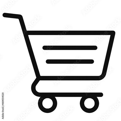 A simple black outline drawing of a shopping cart with two wheels shown on transparent background silhouette