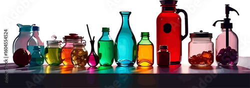 Assortment of colorful glass bottles and jars filled with various liquids and ingredients displayed on a shelf