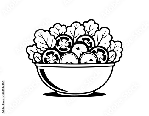One-color vector design of a salad bowl with leafy greens, tomato, and cucumber slices
