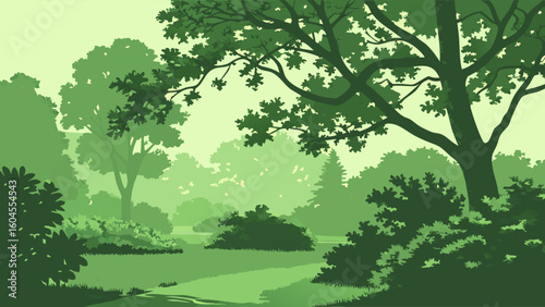 Lush Green Forest Landscape Under Soft Morning Light with Dense Foliage
