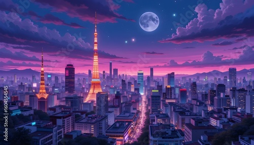 Tokyo City by Night Anime Illustration with Neon Purple and Magenta Color Palette