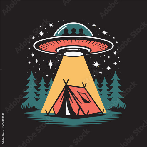 A UFO beaming up a red tent in the forest at night—alien abduction meets camping fun. vector illustration.