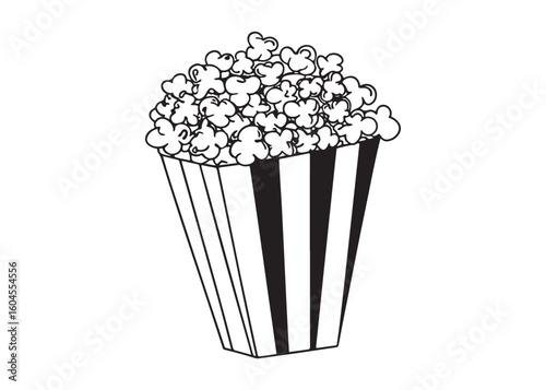 Striped Popcorn Bucket Filled with Fluffy Kernels for Movie Snack.