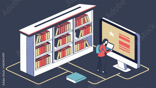 Person Using Digital Tablet While Standing Near Bookshelf and Computer Screen