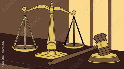 Justice and Law Scales with Gavel on Wooden Desk in a Courtroom Setting