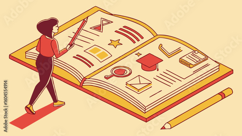 Person Engaging With Illustrated Open Book Representing Educational Concepts