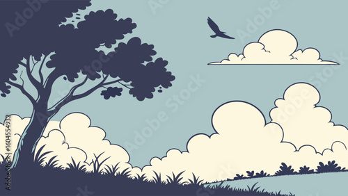 Serene Landscape Illustration with a Tree and Stylized Clouds in Soft Colors