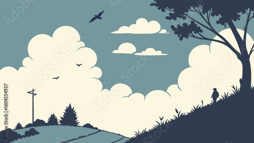 Silhouette of a Person Sitting on a Hill Under Soft Clouds and Birds in Sky