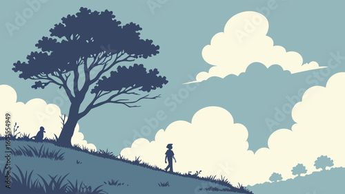 Silhouette of a Hiker Standing on a Hill Under a Tree with a Dog in the