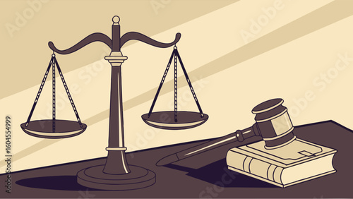 Symbolic Representation of Justice with Scales and Gavel on Brown Table