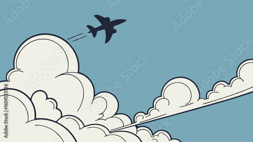 Airplane Flying Through White Clouds Against a Blue Sky Background