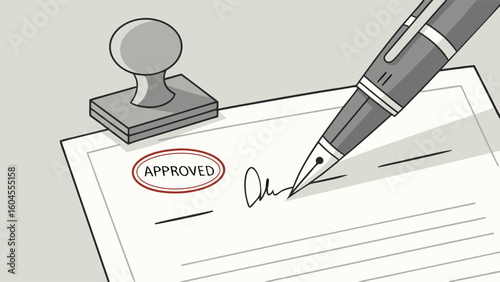 Approved Document with Signature and Stamp Under a Pen on Gray Background