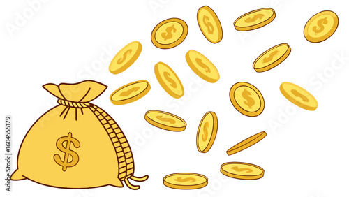 Bag Full of Coins with Gold Coins Falling Out Representing Wealth and