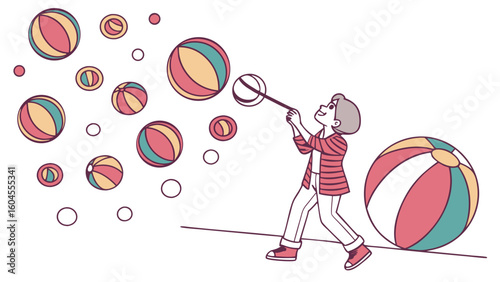 Child Playing with Colorful Bubbles and Beach Ball in a Joyful Outdoor Setting