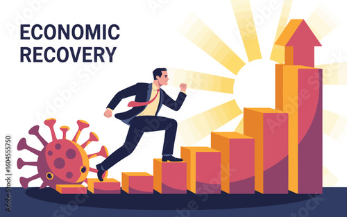Man in suit running up bar graph away from virus with economic recovery text and sunburst background