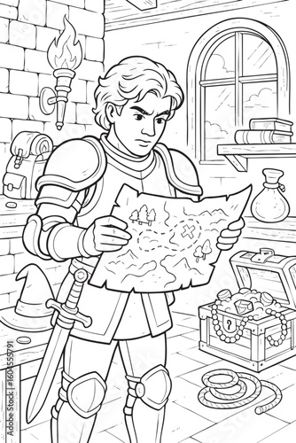 Black and white illustration of a knight examining a treasure map in a medieval chamber filled with objects like a torch, treasure chest, books, and swords. A detailed coloring book page