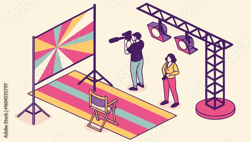 Creative Photography Setup with Colorful Backdrop and Equipment in Studio