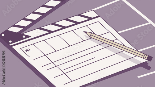 Film Clapperboard and Pencil on Script for Movie Production Planning
