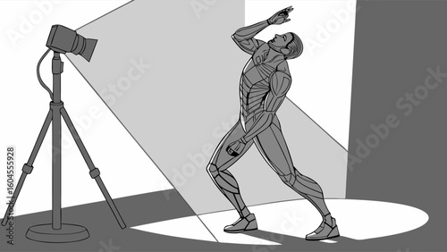 Dynamic Figure Posing Dramatically Under A Spotlight In An Artistic Studio